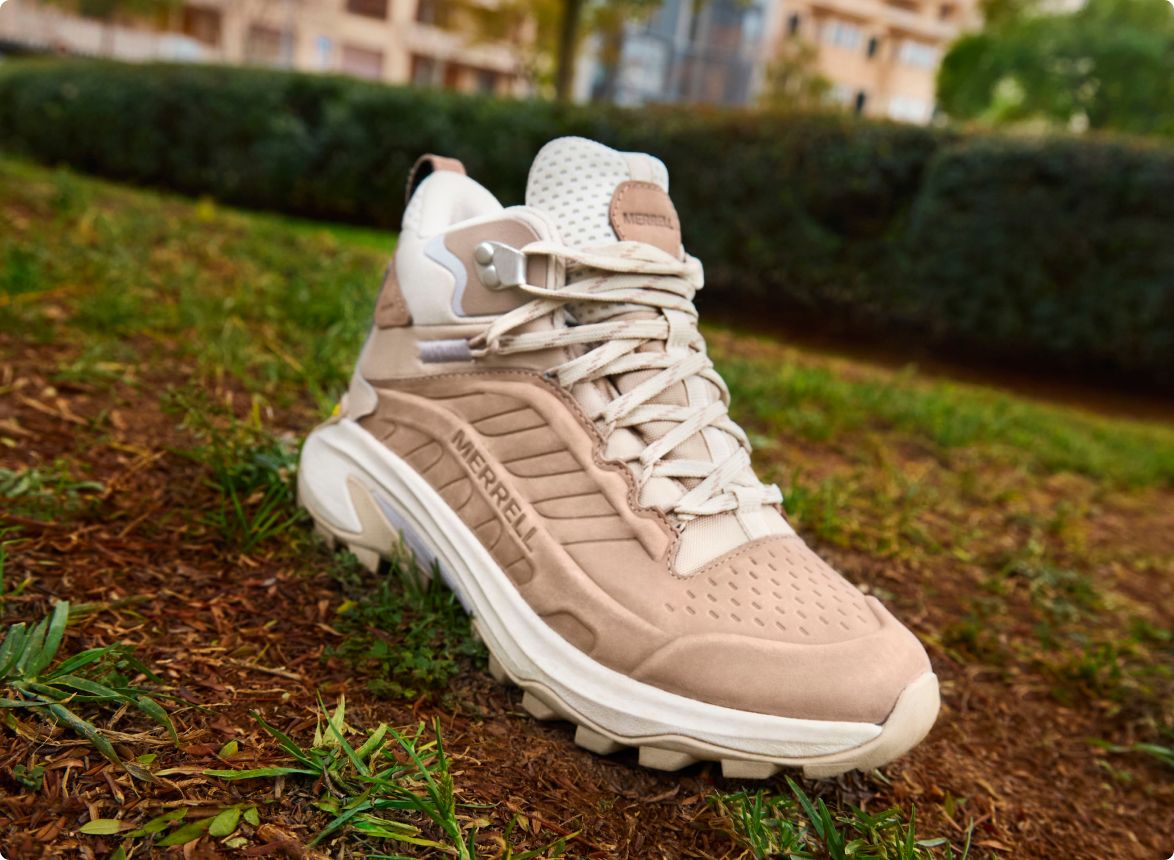 A closeup of a Merrell boot